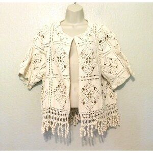 Palm Tree Crochet Cardigan Womens XL Cream Off White Jacket Short Sleeve Summer
